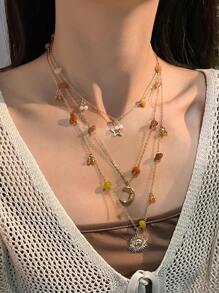 1pc Vintage Multi-Element Metal Moon, Star, Sun Pendant Necklace, Boho Asymmetrical Turquoise & Faux Pearl Beaded Necklace, Suitable For Women Daily & Vacation Decoration (The Size And Color Depth Of The Turquoise Shape Are Random And Subject To The Actual Item)