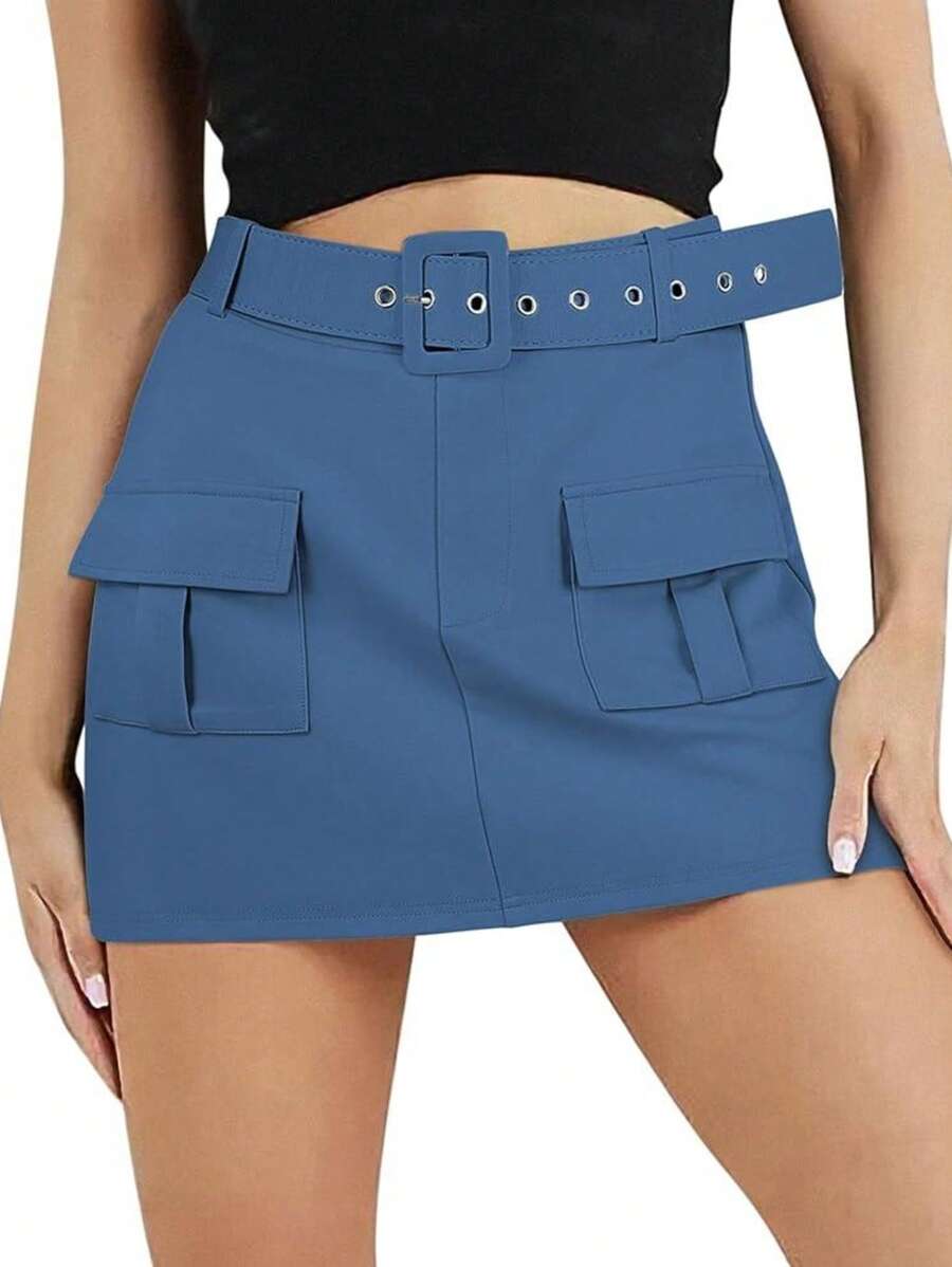 Cargo Skirt With Belt In Gabardine. - Cadet Blue - View 1