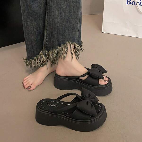 Women's Personalized Big Bow Summer Cute Versatile Platform Thick-Soled Sandals, Black