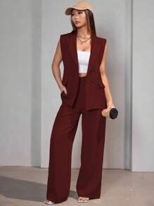 Casual Suit Vest Set Women - 酒紅色 - 查看 1