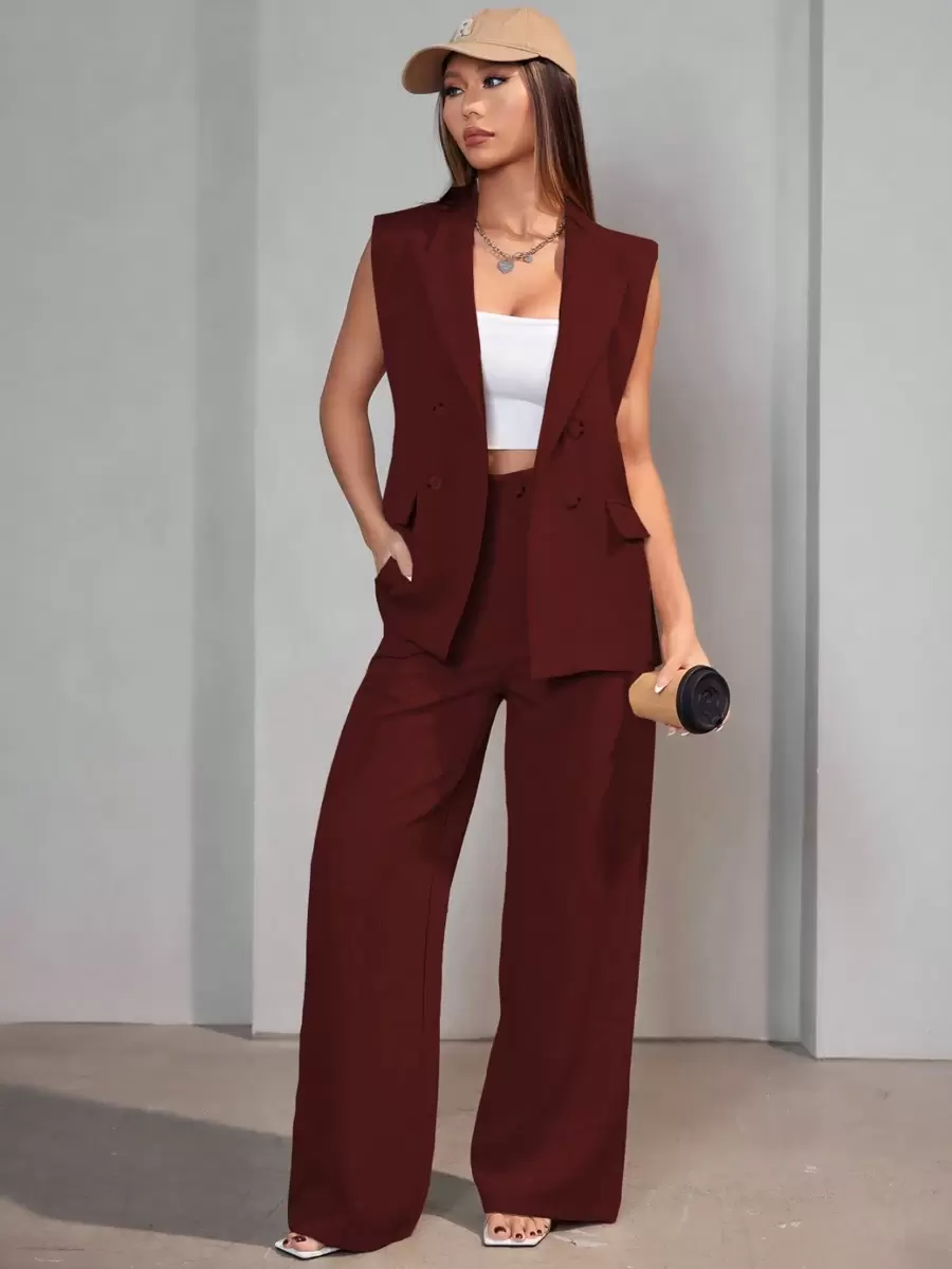 Casual Suit Vest Set Women - 酒紅色 - 查看 1