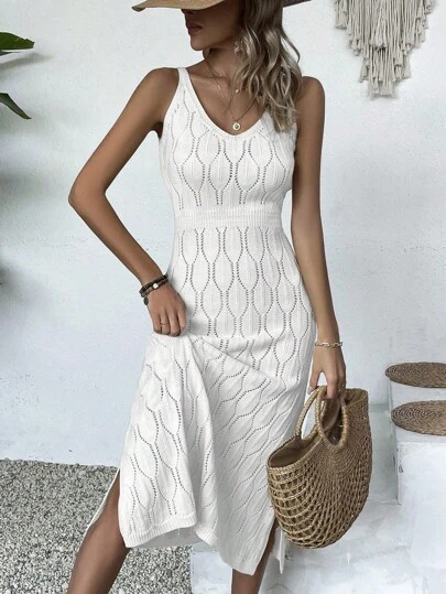 女士休闲V领纯色钩针开衩连衣裙，全白夏季款，奶油黄秋季返校款，优雅长款派对连衣裙，适合秋冬季节（图案随机）