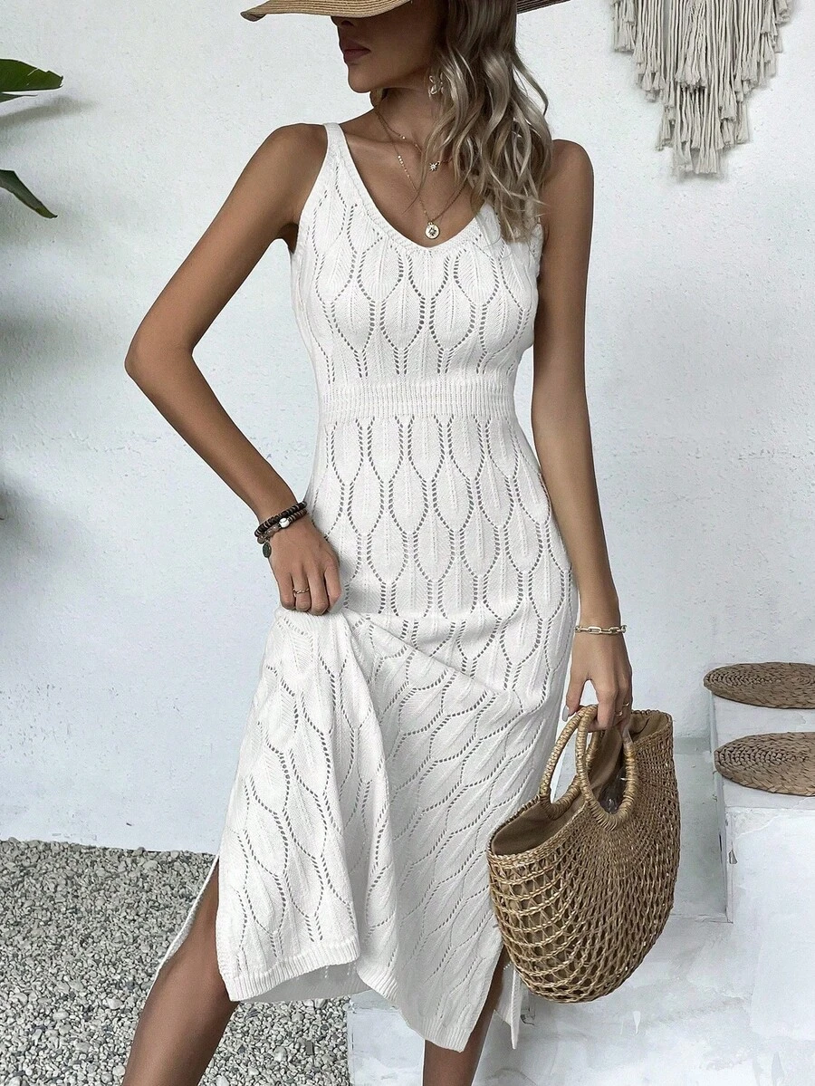女士休闲V领纯色钩针开衩连衣裙，全白夏季款，奶油黄秋季返校款，优雅长款派对连衣裙，适合秋冬季节（图案随机）