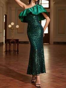 女士优雅华丽亮片装饰连衣裙，深绿色