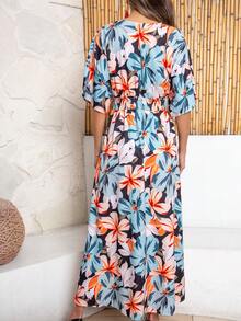 Vestido informal de verano con cuello en V y estampado floral para mujer,vestido casual mujer,Vestido de vacaciones en la playa - Naranja - Ver 4