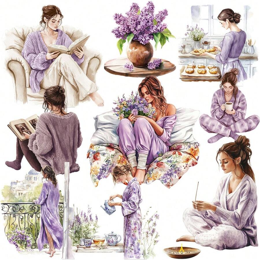 1 opakowanie Vintage Purple Series Wygodne naklejki dekoracyjne do domu do czytania, picia kawy, prowadzenia dziennika, cięcia DIY, notatnika, pamiętnika, albumu ze zdjęciami, artykułów szkolnych, dekoracyjnych naklejek - Fioletowy - Zobacz 1