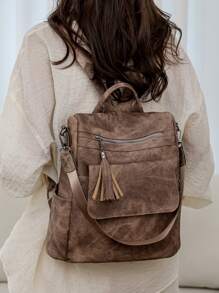 女士复古休闲简约百搭背包时尚软皮大容量户外旅行流苏背包，适合学校、大学、初中、高中、通勤、办公室工作 - 棕色 - 查看 3