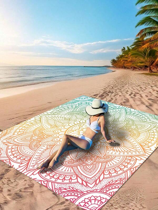 1pc New Traditional Style Beach Blanket With Mandala Pattern Rectangular Lightweight Outdoor Multipurpose Waterproof Sand Resistant Picnic Rug Beach Essentials