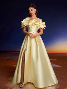 Anymoon Elegant 3D Hand Floral Formal Evening Dress, Suitable For Formal Dances, Parties And Events, Party Dress, Wedding Guest Dress, Gown