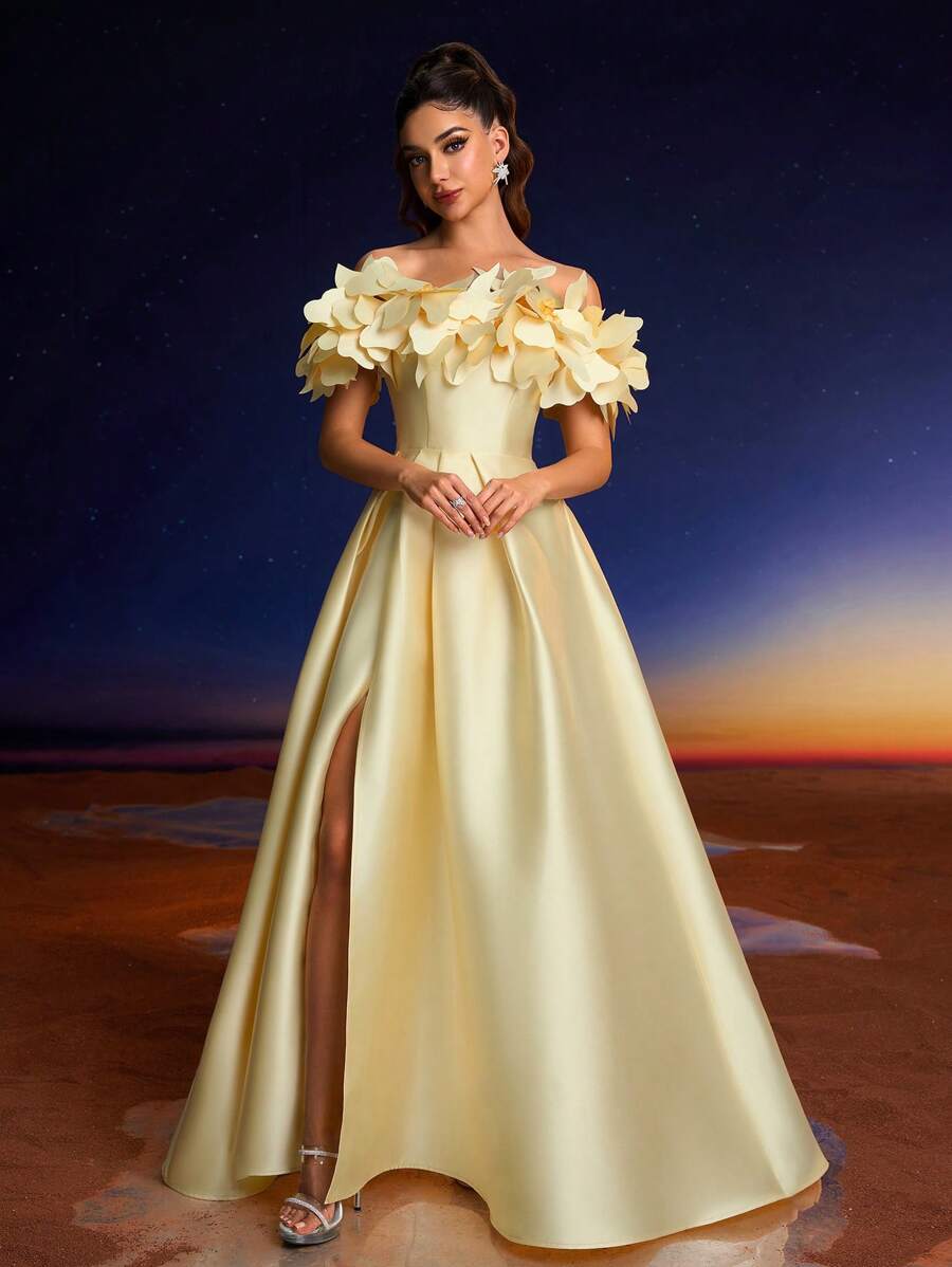 Anymoon Elegant 3D Hand Floral Formal Evening Dress, Suitable For Formal Dances, Parties And Events, Party Dress, Wedding Guest Dress, Gown