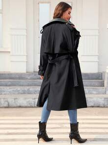 Giolshon Women's Fashionable Mid-Length Trench Coat With PU Collar And Adjustable Belt - Suitable For Spring And Fall Season - Black - View 3