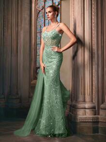 LUVISTRUE Goddess Temperament Sequins Splicing Summer Formal Dress Women Beaded Evening Gown For Charity Prom, Galas, Birthday Party, Red Carpet, Graduation Season Prom, Dinner Solid Color Spaghetti Strap Mermaid Gown Maxi Long Dresses - Mint Green - View 6
