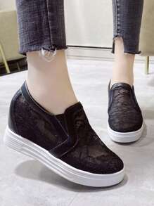 2025 Spring/Summer Women's Wedge Sneakers, Mesh Lace-Up Casual Platform Shoes, Breathable Round Toe Slip-On - Black - View 2