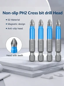 6pcs Magnetic Cross Head Drill Bits - Anti-Slip PH1 PZ1 PH2 PZ2 PH3 PZ3 50mm Length With Teeth - 1/4" Hex Shank Single Head For Electric Screwdriver Drill - Multicolor - View 5