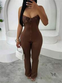 Inmen 夏季性感纯色修身连体裤无袖露背蕾丝拼接臀部运动服俱乐部女装