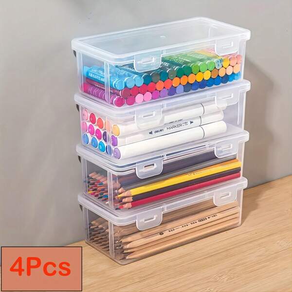 1/4 Pcs Transparent Pencil Box, Large Capacity Drawer Storage Box, Office Supplies Organizer, Desk Top Small Item Container, Home Desk Drawer Organizer
