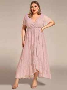 Plus Size V Neck Short Sleeves Pleated High Low Mother Of Bride Lace Dresses - Baby Pink - View 4