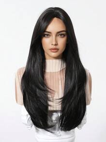 26英寸黑色长直假发，自然层次感，耐热合成纤维，适合女性日常、派对、角色扮演等场合。