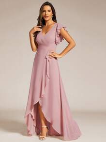 EVERPRETTY Elegant Ruffled Chiffon High-Low Bridesmaid Dress With Backless Design - Baby Pink - View 4