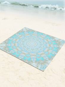 1pc New Blue And White Lightweight Beach Blanket Multipurpose Waterproof And Sandproof Rug Geometric Flower Digital Print Picnic Blanket Beach Essentials