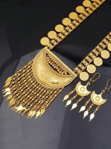 1 Set Vintage Jewelry For Women, Including Zinc Alloy Long Necklace And Tassel Earrings, Suitable For Weddings And Parties, All-Season Accessory - Gold - View 6