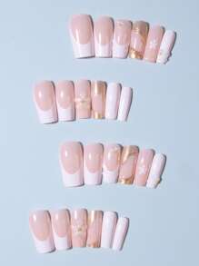 24 件长方形 3D 凝胶指甲，可制作带有珍珠图案的花朵指甲，法式尖头按压指甲，中号亚克力假指甲套装，包含 1 件果冻胶和 1 件指甲锉，易于佩戴 3D 凝胶指甲，法式尖头按压指甲艺术，适合女性女孩日常工作节日派对使用美甲用品