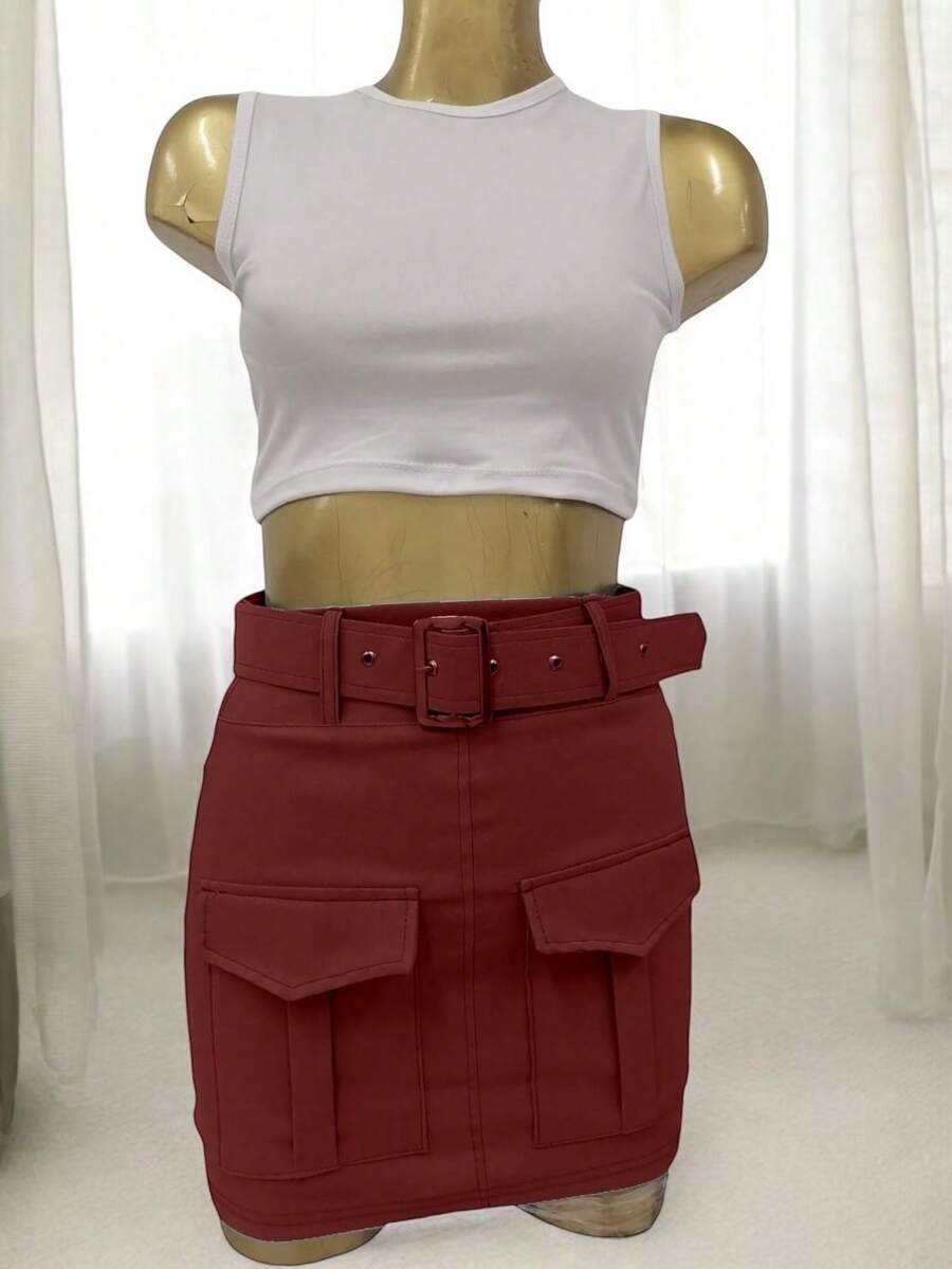 Cargo Skirt With Belt In Gabardine. - 酒紅色 - 查看 1