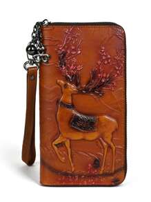 Vintage Deer Head Embossed Genuine Leather Zipper Wallet Large Capacity Clutch Purse With Multiple Card Slots For Women Mini Wallet Purse Wallet Long Wallet Keychain Wallet Wristlet Wallet