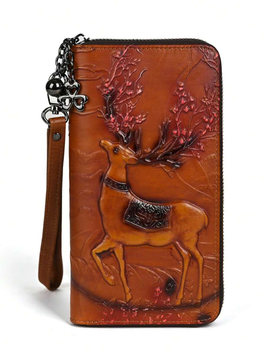 Vintage Deer Head Embossed Genuine Leather Zipper Wallet Large Capacity Clutch Purse With Multiple Card Slots For Women Mini Wallet Purse Wallet Long Wallet Keychain Wallet Wristlet Wallet