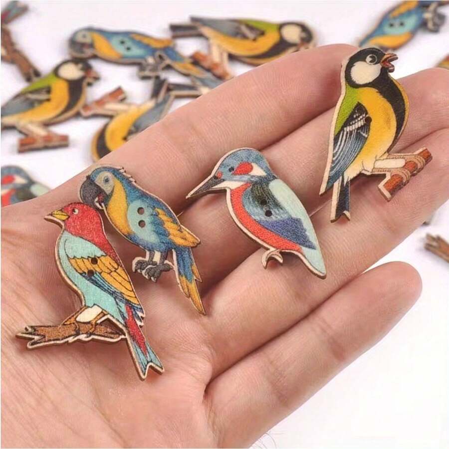 25 件混合鸟图案木质纽扣套装 - DIY 工艺绘画、缝纫和针织配件,适用于服装、帽子、围巾 - 独特的礼物创意 - 混合 - 查看 1