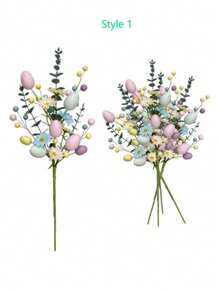 Bouquet de fleurs artificielles de Pâques, décoré d'œufs et de baies de couleurs claires, bouquet de fleurs en plastique pour la décoration de la maison, centres de table pour les fêtes (en raison de la fabrication mécanique, de légères imperfections peuvent être présentes à l'extrémité de la branche ou sur la surface des œufs)