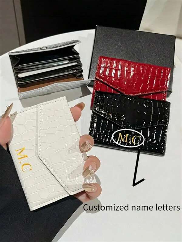 [Customized]Personalized Custom Letter Name Crocodile Faux Leather Pattern Card Storage Bag, Personalized Multi-Card Position, Ultra-Thin And Compact Women's Bag Card Holder