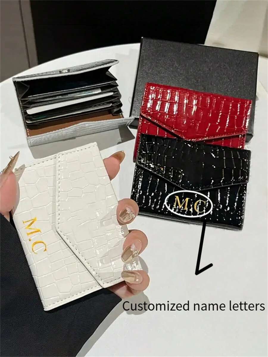 [Customized]Personalized Custom Letter Name Crocodile Faux Leather Pattern Card Storage Bag, Personalized Multi-Card Position, Ultra-Thin And Compact Women's Bag Card Holder,New Year Glamour - Multicolor - View 1