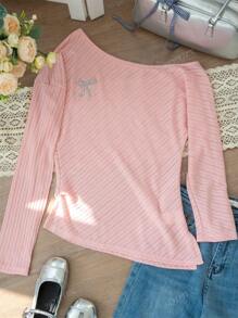 Blusa de punto ajustada con cuello asimétrico, lazo y abertura lateral, para primavera/verano con rayas