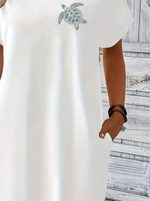 Green Turtle Print, White Short-Sleeved Dress, Casual Dress