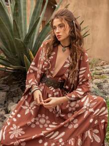Faeriesty Vestido bohemio casual de resort con estampado floral y ajuste relajado - Perfecto para vacaciones en la playa, viajes de camping y uso casual diario (cinturón no incluido), esenciales de vacaciones - Café integral - Ver 1