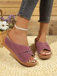Women's Summer Open Toe Criss-Cross Sandals, Casual High Heel Hollow Platform Rhinestone Slide Slippers