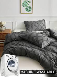 2/3 件深灰色几何条纹图案簇绒纹理涤纶羽绒被套，波西米亚风破旧别致床上用品套装，适合所有季节使用大号床（1 个羽绒被套 + 1/2 个枕套）