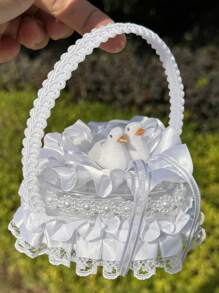 1 件结婚戒指枕、迷你花童手持心形戒指枕、爱心水晶镶嵌、求婚订婚戒指盒、花边蝴蝶结戒指架首饰盒