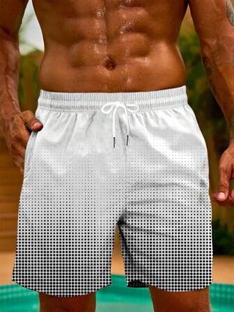 Pantaloncini casual da uomo con coulisse, stampa a quadri bianchi e neri, vita elastica, in poliestere, adatti per la spiaggia e per l'uso quotidiano all'aperto, pantaloncini da spiaggia