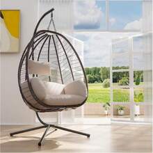 Egg Swing Chair Outdoor Indoor Wicker Rattan Hanging Chair With Stand 350lbs Capacity W/Strong Frame & Cushions For Patio Balcony Bedroom