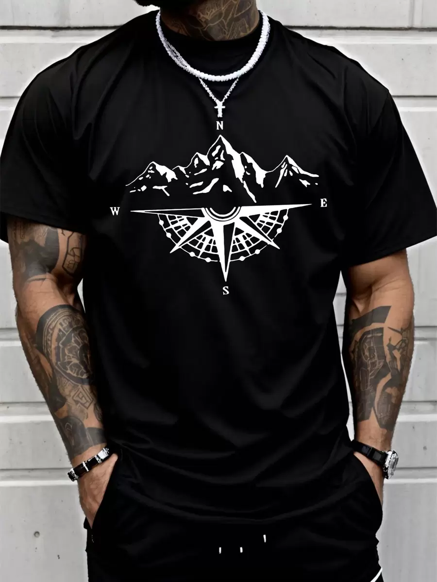 男士纯色圆领短袖休闲 T 恤，简约时尚，适合春夏季日常穿着，2000 年代风格 - 黑色 - 查看 1