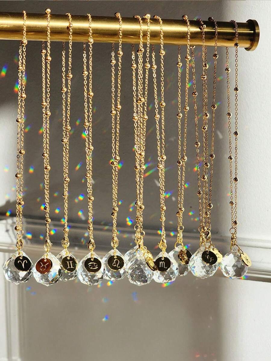 1pc 12 Zodiac Signs Crystal Hanging Sun Catcher, Gold Metal Chain Pendant Decoration, Car Sun Catcher For Window, Home, Office, Wedding Party, Garden Decoration Room Decors Wedding Decor Home Decors