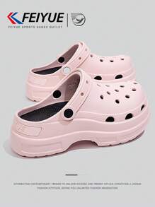 FEIYUE. 1 Pair Women's Pink Slip-On Perforated Shoes, Spring & Summer New Thick Sole Elevated Versatile Breathable Sandals, Suitable For Outdoor Activities, Hiking, Travel, Casual Wear