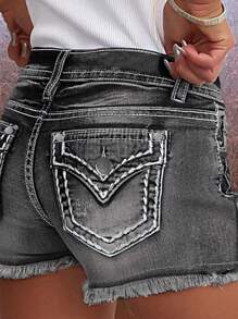 Women's Casual Washed Vintage Ripped Frayed Hem Fitted Denim Shorts - Grey - View 5