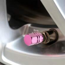 4pcs Pink Aluminum Alloy Car Wheel Tire Valve Stem Caps, Hexagon Shape, Dustproof Waterproof, No Battery Included, Fit For Car, Motorcycle, Truck, Bicycle - Pink - View 1