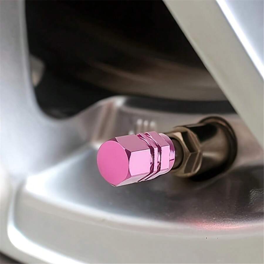 4pcs Pink Aluminum Alloy Car Wheel Tire Valve Stem Caps, Hexagon Shape, Dustproof Waterproof, No Battery Included, Fit For Car, Motorcycle, Truck, Bicycle - Pink - View 1