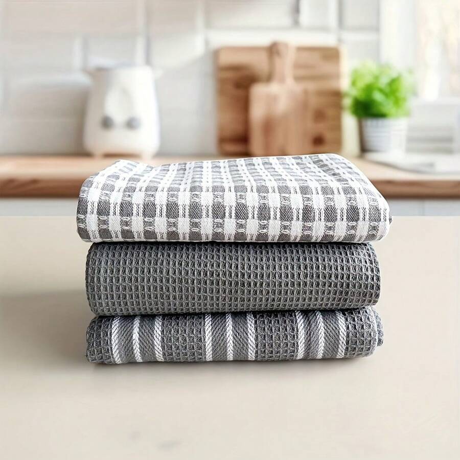 3pcs/Set Soft & Absorbent Kitchen Towels - Large, Waffle Dish Cloths In Solid Green, Plaid & Striped Patterns For Easy Cleaning & Drying - For Cooking, Baking, And Tea Time ﻿