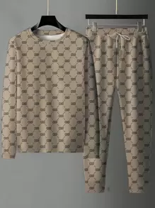 SoftTouch 男士渐变休闲运动套装 - 超舒适圆领长袖 T 恤和慢跑裤，配有宽敞口袋，可机洗，易于护理，透气面料，带来极致放松 - 卡其色 - 查看 4