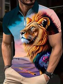 [时尚版型老虎衬衫] 舒适时尚版型 3D 印花老虎衬衫 - 男士休闲高尔夫网球衬衫 - 男士服装 - 彩色 - 查看 1